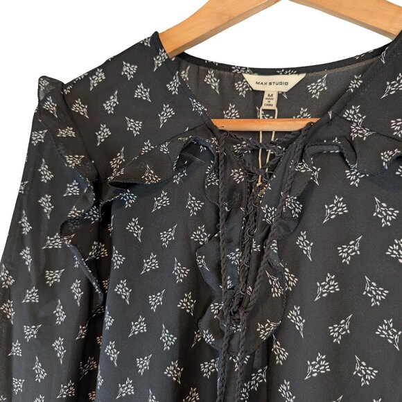 NWT Max Studio Womens Medium Midi Dress Black Long Sleeve Drop Waist Ruffle Trim - Picture 6 of 13